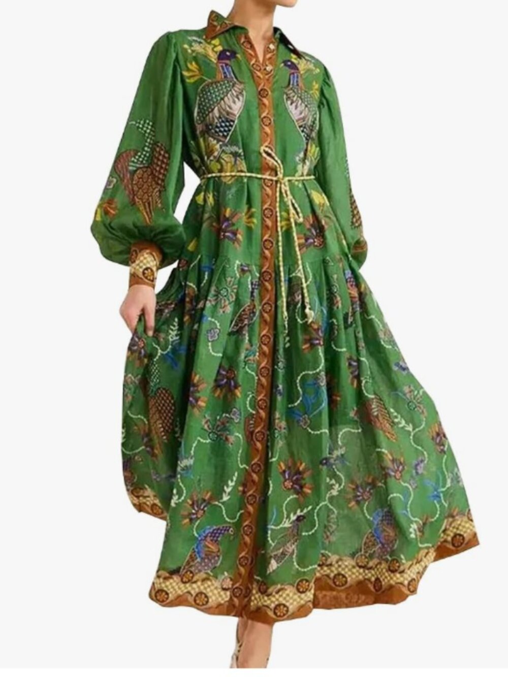 Women Dress A-Line Retro Printed Lantern Sleeve Long Dress with Belt